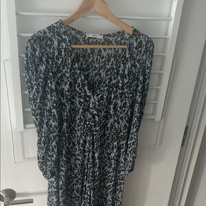 Mango Light Blue Dress with Black and Gold Floral Pattern